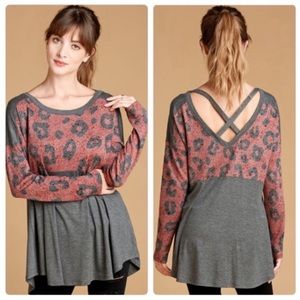 Leopard Print Color Block Long Sleeve Caged Criss Cross Tunic Top
